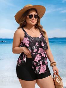 Swim Lushoire Plus Size Women 2pcs/Set Random Print Multi-Layer Ruffle Flattering Tummy Cover Beach Party Tankini Bikini Set Set - Black - View 4