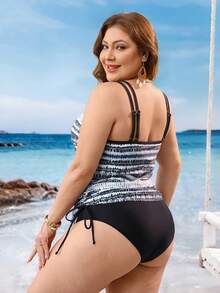 Swim Lushoire Plus Size Women 2pcs Random Print Tankini Swimwear With Tummy Control, Beach Holiday - Multicolor - View 2