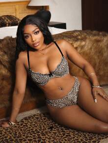 豹纹女士内衣套装，蕾丝花卉露背文胸，2件套内裤 - 黑色 - 查看 5