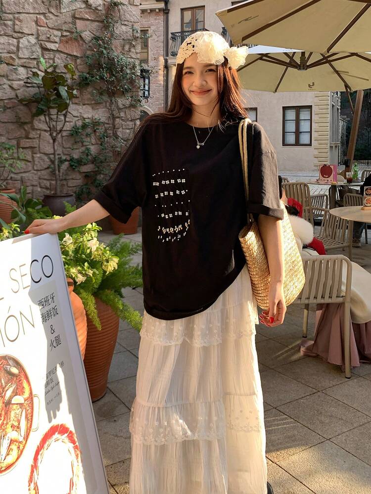 Women's Round Neck Embellished Korean Style Casual Summer Versatile Beaded T-Shirt