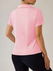 SHEIN Sports 1件纯白色V领网球/高尔夫女士运动Polo衫 - 粉色 - 查看 3