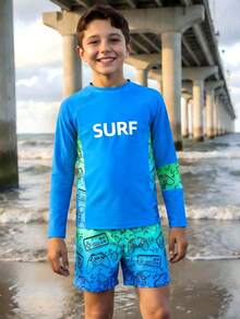 SHEIN 青少年男童泳装套装，电子游戏印花长袖上衣+弹力短裤，适合海滩、泳池、度假、暑假、派对等场合。 - 彩色 - 查看 3