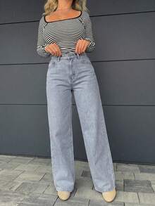 Jeta Ari Pantaloni in denim casual a gamba dritta e vestibilità ampia con tasche per donne - Grigio Chiaro - Visualizzare 3