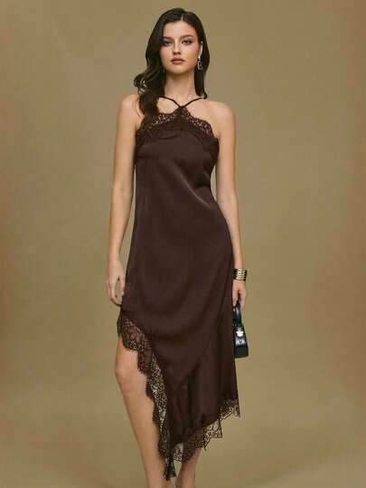 Poéselle Women's Elegant Solid Color Lace Trim Asymmetric Hem Halter Dress, Summer