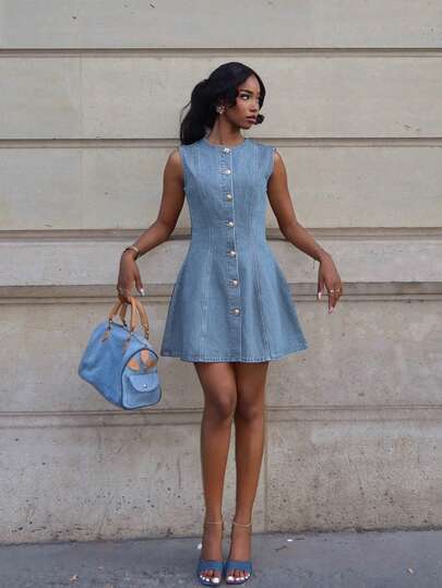 Mima John Women's Denim Sleeveless Mini Dress, Casual Fitted, Blue Color Denim A-Line Dress Sleeveless Denim Dress