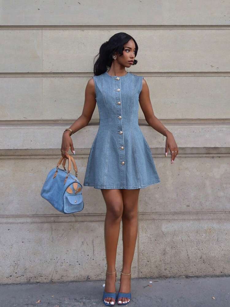 denim a-line sleeveless mini dress Mimi Sleeveless A-Line Denim Mini Dress Medium Wash SMALL main image 1