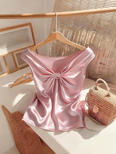 SHEIN Franclia Satin Off-Shoulder Top, Pink Bow Pleated Short Sleeve T-Shirt, Gentle Summer Style For Women