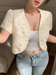 DAZY Women's Elegant Sequin V-Neck Faux Pocket Petal Sleeve Blazer Jacket, Summer - Beige - View 4