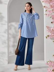Veilorie New Embroidered Striped Casual Comfortable Daily Versatile Long Sleeve Shirt - Blue - View 4
