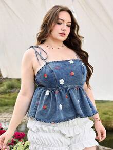 Sweetness Spring / Summer Plus Size Women Strawberry & Floral Print Ruffle Hem Denim Camisole Top - Medium Wash - View 4