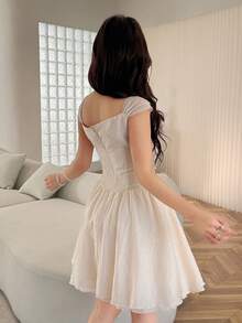Feyla New Apricot Patchwork Floral Decor Waist Puff Mini Dress, Elegant French Design - Apricot - View 7