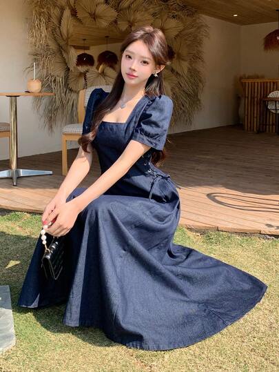 FRIFUL Women's Casual Petal Sleeve Criss-Cross Tie Waist Denim Dress, Spring/Summer