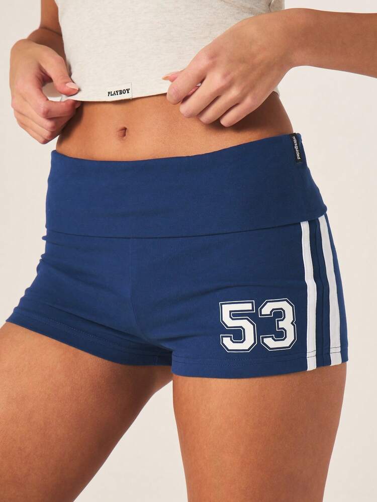 Missguided x Playboy Fold Over Waistband High Rise Navy Booty Shorts With Number 53 Logo Detail For Casual Wear
