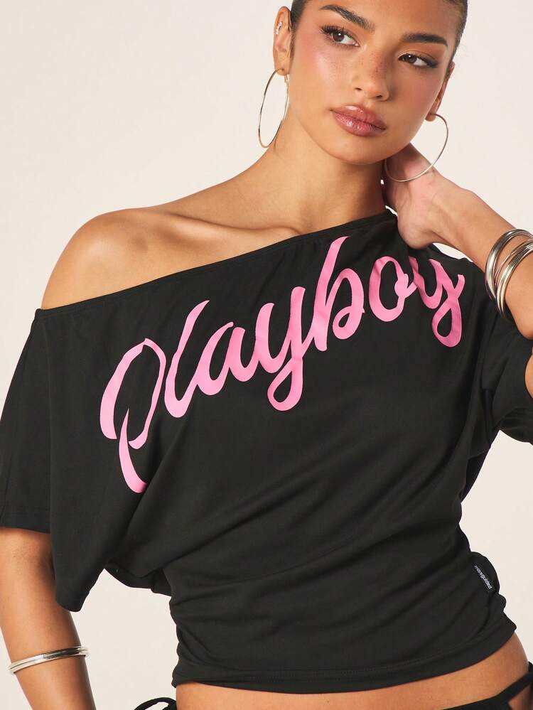 Missguided x Playboy Women's Off Shoulder Cinched Waist T-Shirt With Pink Script Logo And Fitted Short Sleeves Black Tee