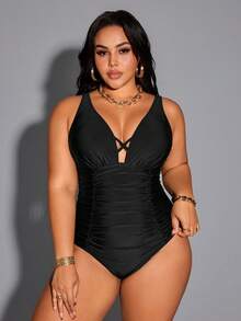 Shapewave Traje de baño de una pieza 2026 de talla grande para mujer, con cuello en V profundo, cruzado, control de abdomen y cintura alta, color negro - Negro - Ver 3