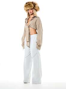 SUMWON WOMEN Celana Jogger Wanita Longgar Bermotif Abu-abu dengan Hiasan Kancing Emas dan Detail Jahitan Gaya Barat, Cocok untuk Musim Gugur dan Musim Dingin. - Light Grey - View 4