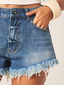 MISSGUIDED High Rise Frayed Hem Denim Shorts With Raw Edge Detail For Summer Casual Everyday Wear - Blue - View 5