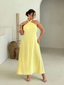 Firerie 大码纯色休闲无袖吊带连衣裙，适合夏季穿着 - 黃色 - 查看 7