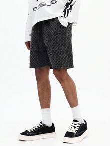 SUMWON Men's Textured Denim Shorts With All Over Print Pattern Casual Summer Relaxed Fit Above Knee Length Street Style Bottoms - Black - View 1