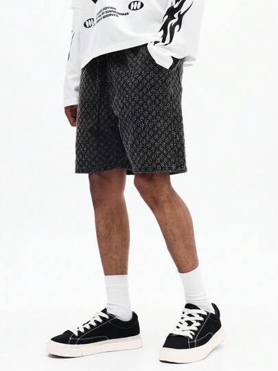 SUMWON Męskie szorty dżinsowe z teksturą i nadrukiem na całej powierzchni, swobodne, letnie, luźne, sięgające za kolano, w stylu ulicznym