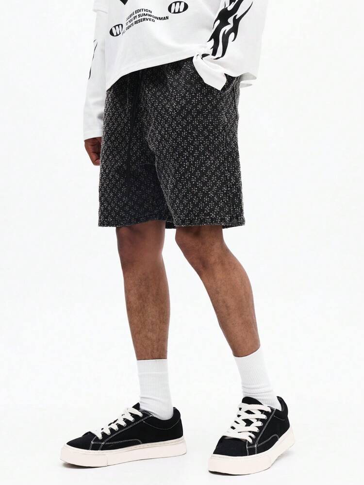 Men's Textured Denim Shorts With All Over Print Pattern Casual Summer Relaxed Fit Above Knee Length Street Style Bottoms