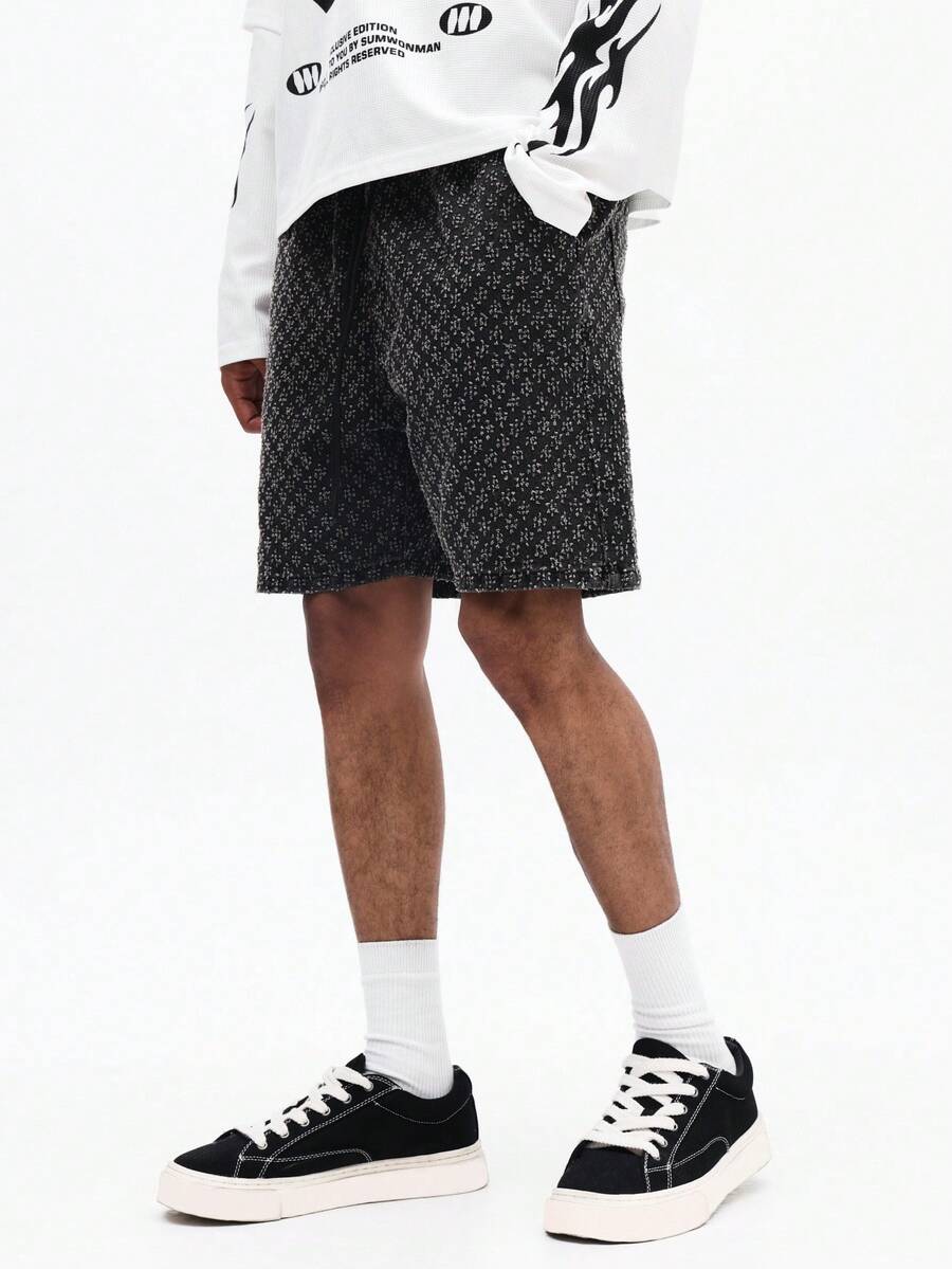 SUMWON Men's Textured Denim Shorts With All Over Print Pattern Casual Summer Relaxed Fit Above Knee Length Street Style Bottoms - Black - View 1