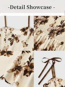 GlowEve 女士杏色底棕色碎花吊带A字连衣裙，优雅迷人，适合度假、通勤、音乐节、约会、法式波西米亚风、海滩、街头等场合，百搭实用，春夏新款杏色无袖连衣裙 - 彩色 - 查看 5