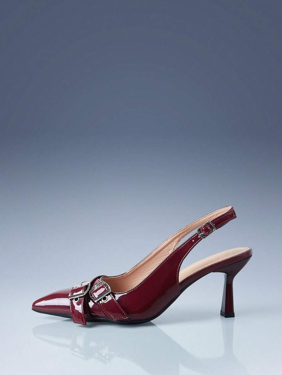 CUCCOO GRLICON Pointed Toe Stiletto Buckle Strap Backless Sandals For Women, 2000's Style, Y2K Fashion, Suitable For Spring, Summer, Vacation - Burgundy - View 1