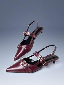 CUCCOO GRLICON Burgundy Patent Leather Pointed Metal Double Buckle With Kitten And Women's High Heels - Burgundy - View 5
