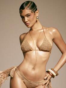 Hauture Women's Sexy Hanging Tassels Fringe Triangle Bikini Top - Brown - View 1