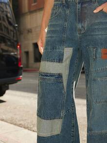 Denimoi Mixed Denim Pocket Patch Barrel Leg Denim Jeans Statement Jeans Barrel Jeans Fashion Streetwear - Medium Wash - View 4