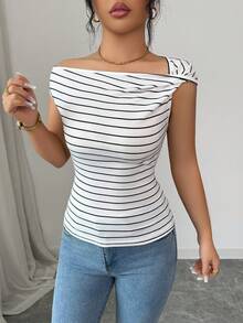 Modelyn 女士条纹褶皱修身休闲日常T恤 - 彩色 - 查看 1