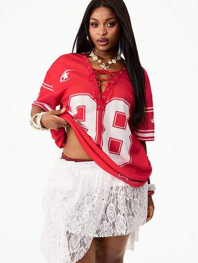 Coolane Summer Outfits  Women's Plus Size Drawstring Number-Print Sports Jersey, Red, A Must-Have For Street Style.