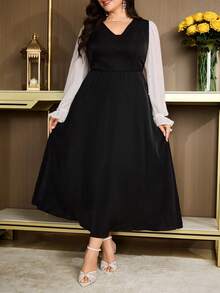 Modelyn Plus Size Women V-Neck Color Block Casual Daily Date Wear Dress - Black and White - View 1
