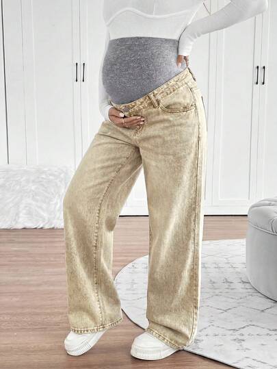 SHEIN Maternity Knit Belly Support Loose Straight Leg Jeans
