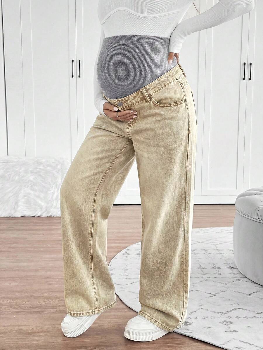 SHEIN Jeans rectos y holgados con soporte de punto para el vientre de maternidad - Caqui - Ver 1