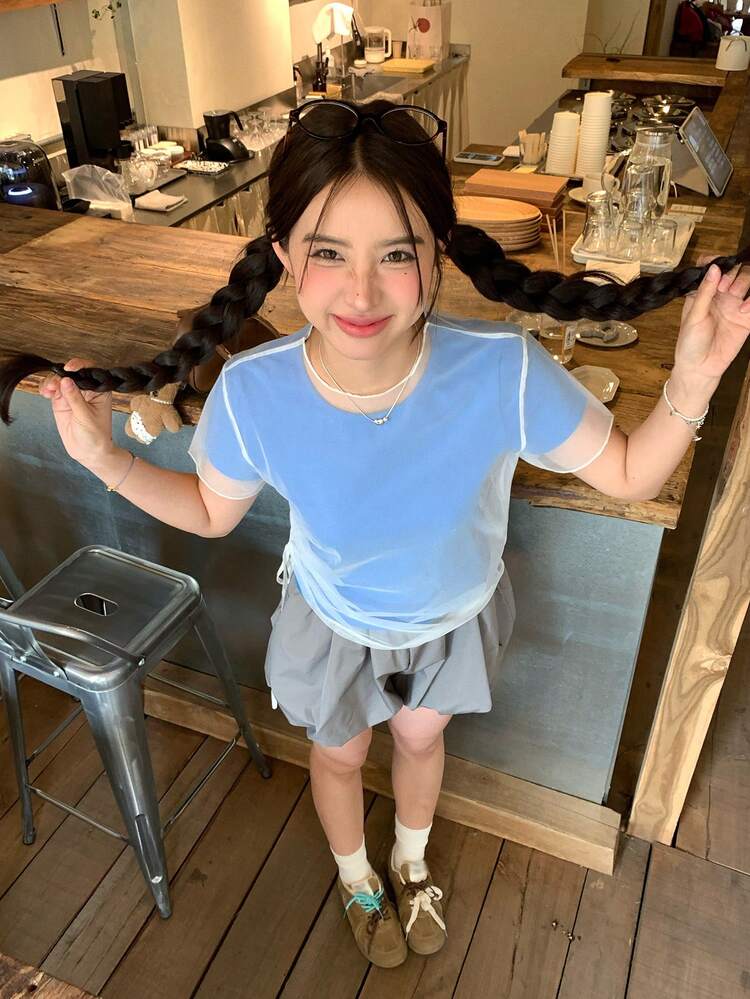 Women's Side Drawstring Adjustable Sheer Mesh Short Sleeve T-Shirt 2 Pieces Set Summer