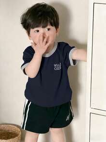 DAZY Toddler Boys' Round Neck Contrast Color Letter Print Short Sleeve Top, Summer - Blue - View 4