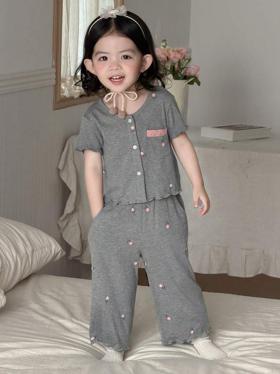DAZY Bộ đồ mặc nhà mùa hè cho bé gái, gồm áo thun dài tay và quần dài in họa tiết toàn thân. - Xám - Xem 1