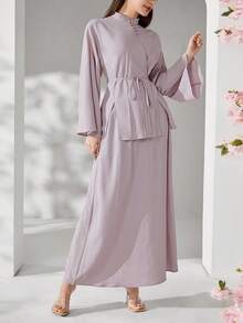 Veilorie Women's Solid Color Minimalist Long Sleeve Top And Long Pants 2 Pieces Set - Mauve Purple - View 8