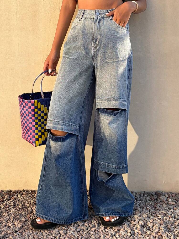 Women's Casual Fashion Street Ombre Washed Distressed Loose Flare Leg Jeans