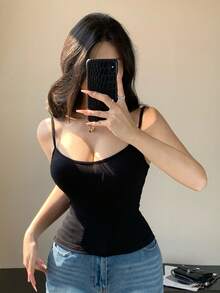 DAZY 女款極簡純色露背細肩帶背心 夏季 Y2K 上衣 - 黑色 - 查看 8