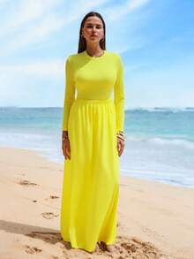Swim Shayni Women's 3-Piece Set: Yellow Round Neck Half-Zip Long Sleeve Top, Matching Long Pants, And Elegant A-Line Skirt, Suitable For Beach Vacation - Yellow - View 4
