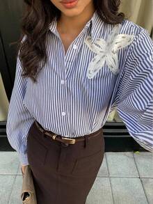 New Vintage Loose Casual 3D Floral Everyday Versatile Striped Shirt - Navy Blue - View 5