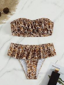 Swim Mod Women's Allover Print Bandeau Bikini Set, Low Waist Ruffle Skorts, Casual Vacation Swimwear - Brown - View 5