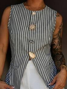 SAYEHFBABY 女式夏季休闲通勤条纹前扣背心 - 黑與白 - 查看 3