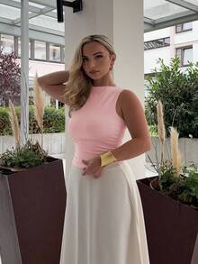 Jeta Ari Solid Color Pleated Slim Fit Tank Top For Summer - Baby Pink - View 6