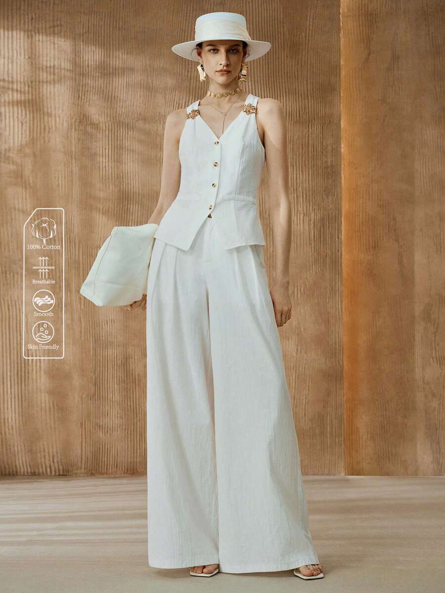 Arave 女士夏季金属扣开衩下摆衬衫，白色职业套装，时尚通勤装，简约都市风，V领，优雅轻盈上衣，不对称金属扣，修身西装上衣，休闲宽松褶裥阔腿裤，波西米亚风，适合度假、节日、商务休闲、海滩度假等场合的亚麻套装 - 白色 - 查看 1