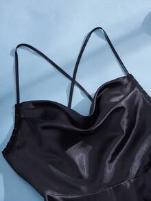 Eraneu 两件套性感蕾丝拼接交叉绑带女士睡衣套装 - 黑色 - 查看 7