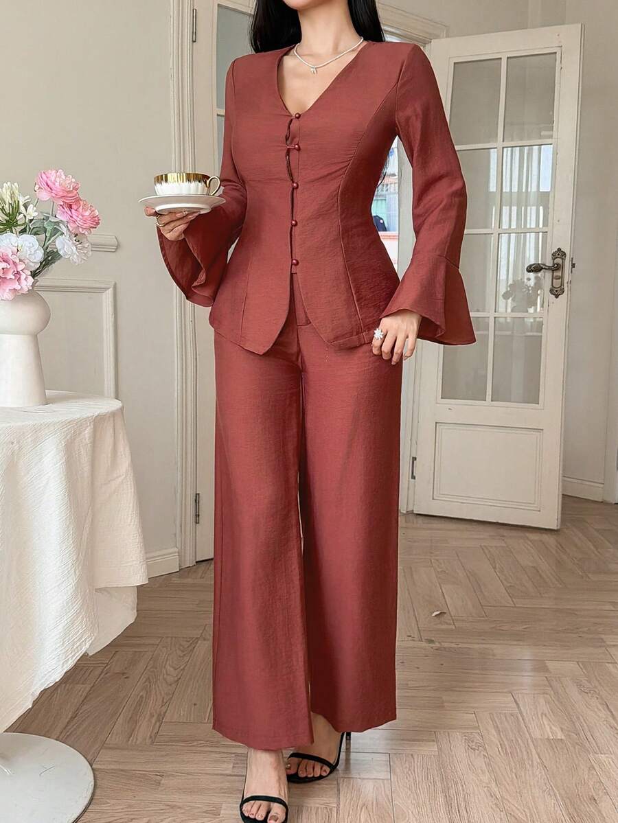 DAZY Spring Elegant Party Bell Sleeve V-Neck Cinched Waist Top And Casual Pants 2-Piece Set For Women - Rust Brown - View 1
